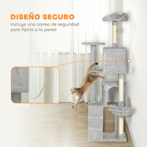 PawHut Arranhador para Gatos 160 cm Torre de Escalada com Múltiplas Plataformas Cama 2 Cavernas Rede Escada Postes de Sisal Bolas para Brincar Cinzento Claro