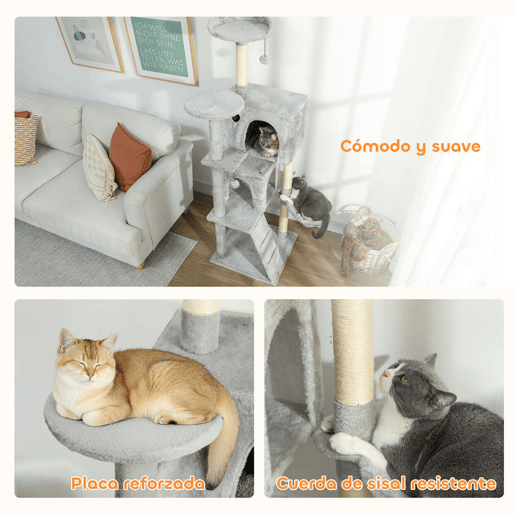 PawHut Arranhador para Gatos 160 cm Torre de Escalada com Múltiplas Plataformas Cama 2 Cavernas Rede Escada Postes de Sisal Bolas para Brincar Cinzento Claro