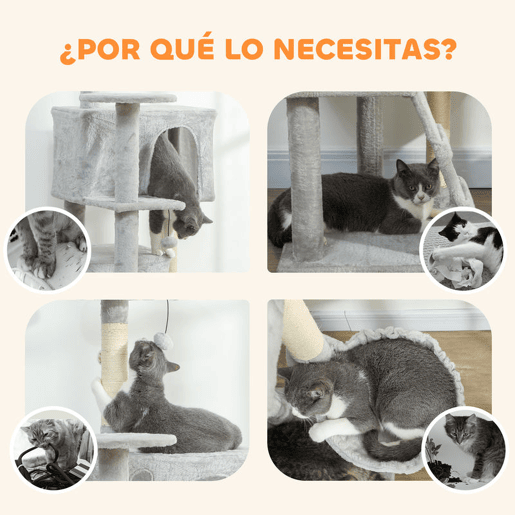 PawHut Arranhador para Gatos 160 cm Torre de Escalada com Múltiplas Plataformas Cama 2 Cavernas Rede Escada Postes de Sisal Bolas para Brincar Cinzento Claro