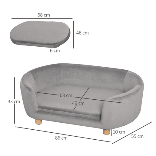 PawHut Sofá para Cães Pequenos Cama Elevada para Cães com Pés de Madeira Almofada Removível e Capa Lavável Carga 10 kg 86x55x33 cm Cinzento Claro