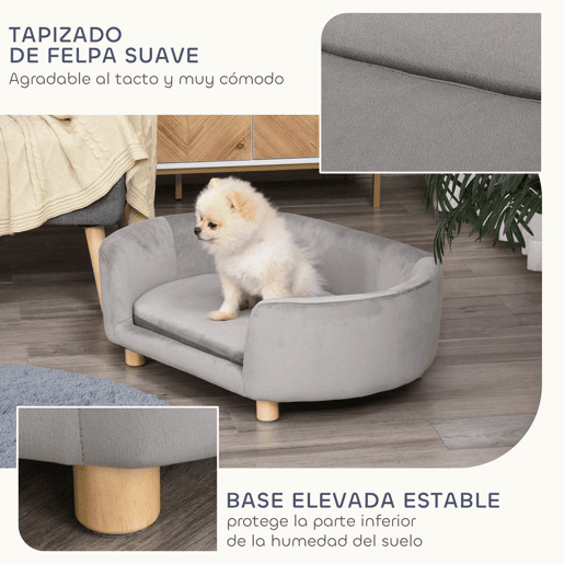 PawHut Sofá para Cães Pequenos Cama Elevada para Cães com Pés de Madeira Almofada Removível e Capa Lavável Carga 10 kg 86x55x33 cm Cinzento Claro