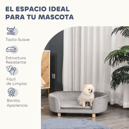PawHut Sofá para Cães Pequenos Cama Elevada para Cães com Pés de Madeira Almofada Removível e Capa Lavável Carga 10 kg 86x55x33 cm Cinzento Claro