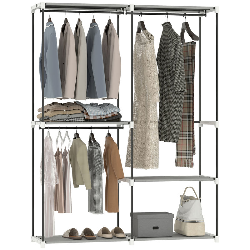 Homcom armario de ropa, perchero, 142x43x185 cm, armario abierto con 4 estantes de tela, 3 barras para colgar, marco de metal, para dormitorio, salón, vestidor, gris claro