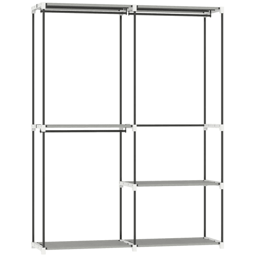 HOMCOM Armário de Roupa Aberto 142x43x185 cm Armário para Roupas com 4 Prateleiras de Tecido 3 Barras para Pendurar e Estrutura de Metal para Quarto Sala Closet Cinzento