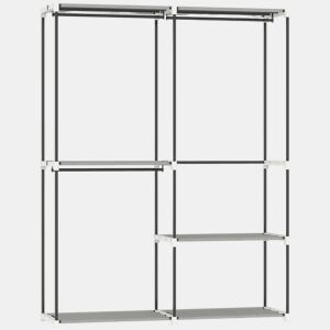 HOMCOM Armário de Roupa Aberto 142x43x185 cm Armário para Roupas com 4 Prateleiras de Tecido 3 Barras para Pendurar e Estrutura de Metal para Quarto Sala Closet Cinzento