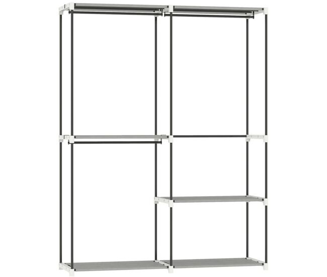 Homcom armario de ropa, perchero, 142x43x185 cm, armario abierto con 4 estantes de tela, 3 barras para colgar, marco de metal, para dormitorio, salón,