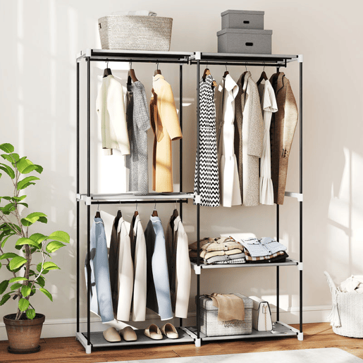 HOMCOM Armário de Roupa Aberto 142x43x185 cm Armário para Roupas com 4 Prateleiras de Tecido 3 Barras para Pendurar e Estrutura de Metal para Quarto Sala Closet Cinzento