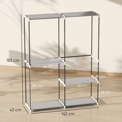 HOMCOM Armário de Roupa Aberto 142x43x185 cm Armário para Roupas com 4 Prateleiras de Tecido 3 Barras para Pendurar e Estrutura de Metal para Quarto Sala Closet Cinzento