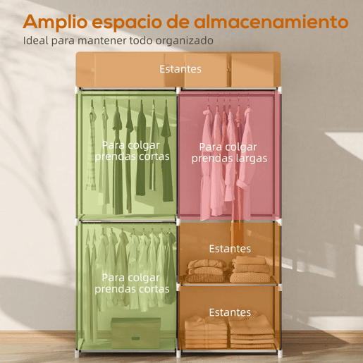 HOMCOM Armário de Roupa Aberto 142x43x185 cm Armário para Roupas com 4 Prateleiras de Tecido 3 Barras para Pendurar e Estrutura de Metal para Quarto Sala Closet Cinzento