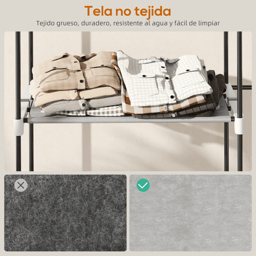 HOMCOM Armário de Roupa Aberto 142x43x185 cm Armário para Roupas com 4 Prateleiras de Tecido 3 Barras para Pendurar e Estrutura de Metal para Quarto Sala Closet Cinzento