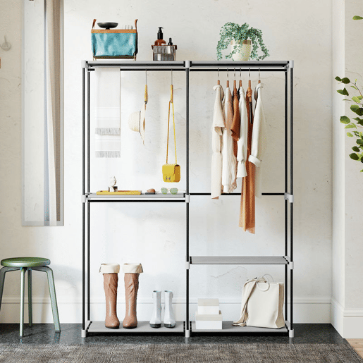 HOMCOM Armário de Roupa Aberto 142x43x185 cm Armário para Roupas com 4 Prateleiras de Tecido 3 Barras para Pendurar e Estrutura de Metal para Quarto Sala Closet Cinzento