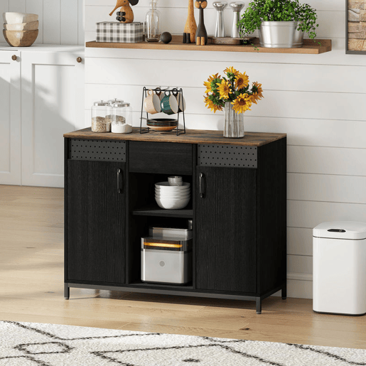 HOMCOM Aparador com 2 Portas e Prateleira Suspensa, Aparador para Sala 100x40x80 cm, com Gaveta, Compartimentos Abertos, Prateleiras Ajustáveis, para Cozinha, Entrada, Escritório, Preto