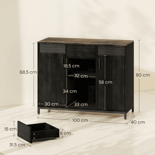 HOMCOM Aparador com 2 Portas e Prateleira Suspensa, Aparador para Sala 100x40x80 cm, com Gaveta, Compartimentos Abertos, Prateleiras Ajustáveis, para Cozinha, Entrada, Escritório, Preto