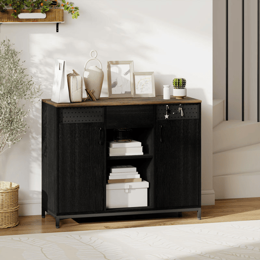 HOMCOM Aparador com 2 Portas e Prateleira Suspensa, Aparador para Sala 100x40x80 cm, com Gaveta, Compartimentos Abertos, Prateleiras Ajustáveis, para Cozinha, Entrada, Escritório, Preto