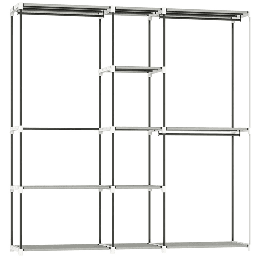 HOMCOM Armário para Roupas 182x43x185 cm Armário Aberto com 8 Prateleiras de Tecido Barras para Pendurar Estrutura de Metal para Quarto Sala Vestiário Cinzento Claro