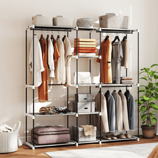 HOMCOM Armário para Roupas 182x43x185 cm Armário Aberto com 8 Prateleiras de Tecido Barras para Pendurar Estrutura de Metal para Quarto Sala Vestiário Cinzento Claro