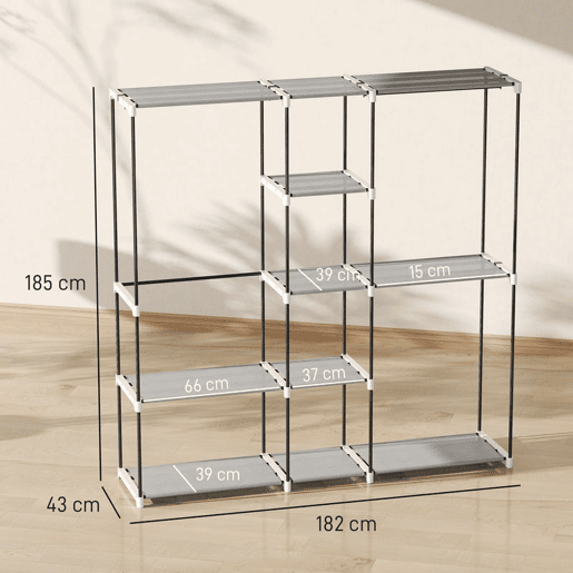 HOMCOM Armário para Roupas 182x43x185 cm Armário Aberto com 8 Prateleiras de Tecido Barras para Pendurar Estrutura de Metal para Quarto Sala Vestiário Cinzento Claro