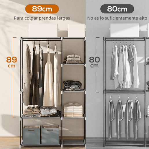 HOMCOM Armário para Roupas 182x43x185 cm Armário Aberto com 8 Prateleiras de Tecido Barras para Pendurar Estrutura de Metal para Quarto Sala Vestiário Cinzento Claro