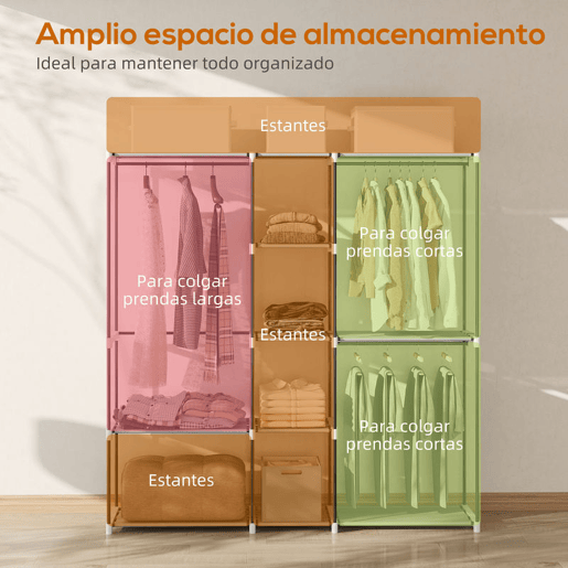 HOMCOM Armário para Roupas 182x43x185 cm Armário Aberto com 8 Prateleiras de Tecido Barras para Pendurar Estrutura de Metal para Quarto Sala Vestiário Cinzento Claro