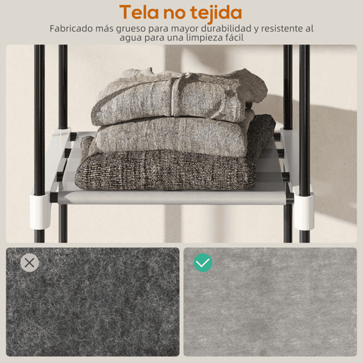 HOMCOM Armário para Roupas 182x43x185 cm Armário Aberto com 8 Prateleiras de Tecido Barras para Pendurar Estrutura de Metal para Quarto Sala Vestiário Cinzento Claro
