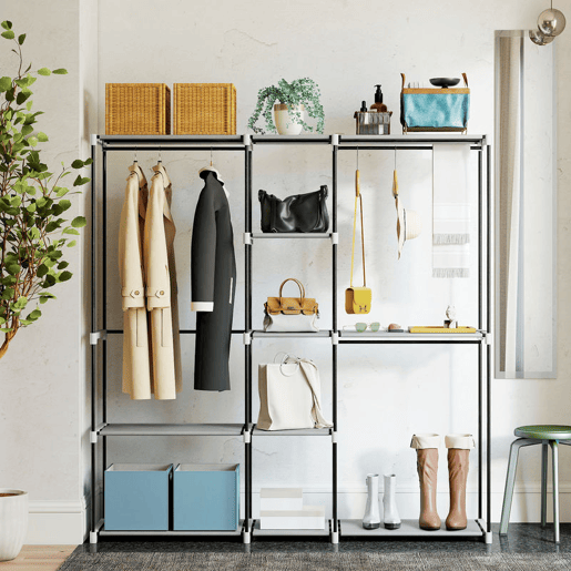 HOMCOM Armário para Roupas 182x43x185 cm Armário Aberto com 8 Prateleiras de Tecido Barras para Pendurar Estrutura de Metal para Quarto Sala Vestiário Cinzento Claro