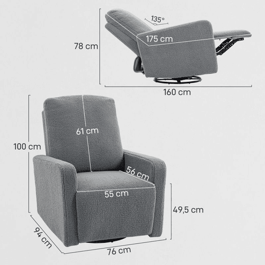 HOMCOM Poltrona Relax Reclinável Manual Poltrona Relax de Borreguito com Apoio de Braços Apoio para Pés, Acolchoado Grosso Função de Baloiço 360° Poltrona Reclinável até 135º 76x94x100 cm Cinza
