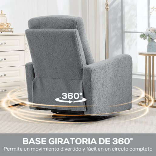 HOMCOM Poltrona Relax Reclinável Manual Poltrona Relax de Borreguito com Apoio de Braços Apoio para Pés, Acolchoado Grosso Função de Baloiço 360° Poltrona Reclinável até 135º 76x94x100 cm Cinza