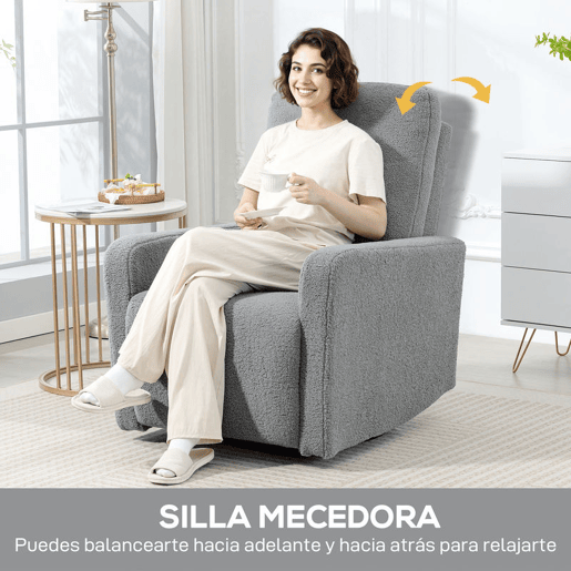 HOMCOM Poltrona Relax Reclinável Manual Poltrona Relax de Borreguito com Apoio de Braços Apoio para Pés, Acolchoado Grosso Função de Baloiço 360° Poltrona Reclinável até 135º 76x94x100 cm Cinza