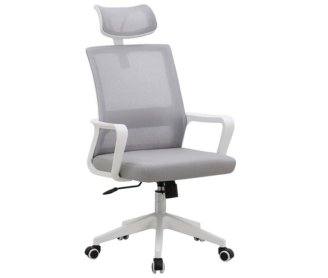 Silla de oficina ergonómica con respaldo de malla y asiento tapizado altura regulable base resistente con ruedas. (111-120x61x61 cm, blanco-gris)