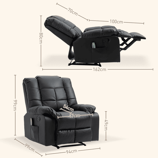 HOMCOM Poltrona de Massagem Poltrona Relax Reclinável com 8 Pontos de Massagem Controlo Remoto Estofada em PU Apoio para Pés Bolso Lateral Poltrona para Sala de Estar Quarto 94x99x99 cm Preto