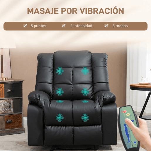 HOMCOM Poltrona de Massagem Poltrona Relax Reclinável com 8 Pontos de Massagem Controlo Remoto Estofada em PU Apoio para Pés Bolso Lateral Poltrona para Sala de Estar Quarto 94x99x99 cm Preto