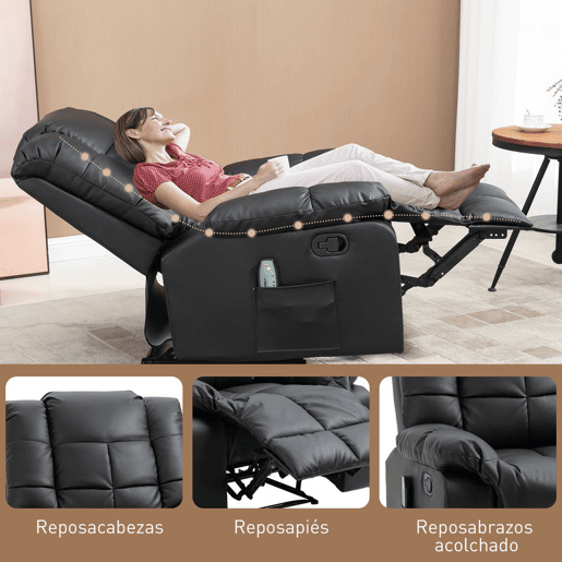 HOMCOM Poltrona de Massagem Poltrona Relax Reclinável com 8 Pontos de Massagem Controlo Remoto Estofada em PU Apoio para Pés Bolso Lateral Poltrona para Sala de Estar Quarto 94x99x99 cm Preto