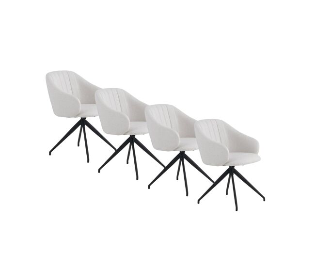 Pack de 4 sillones giratorios tapizados en chenilla color crema y patas de metal color negro