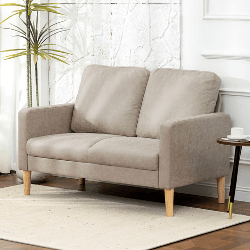 HOMCOM Sofá de 2 Lugares Estofado em Microfibra Sofá Moderno com Pés de Madeira Apoio de Braços para Sala Quarto Escritório Sala de Estar 130x78x85 cm Creme