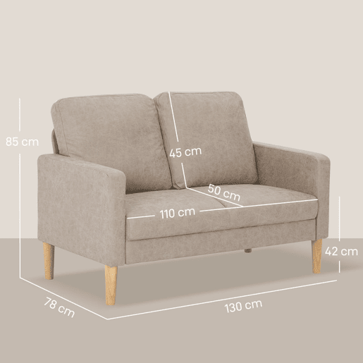 HOMCOM Sofá de 2 Lugares Estofado em Microfibra Sofá Moderno com Pés de Madeira Apoio de Braços para Sala Quarto Escritório Sala de Estar 130x78x85 cm Creme