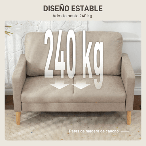 HOMCOM Sofá de 2 Lugares Estofado em Microfibra Sofá Moderno com Pés de Madeira Apoio de Braços para Sala Quarto Escritório Sala de Estar 130x78x85 cm Creme