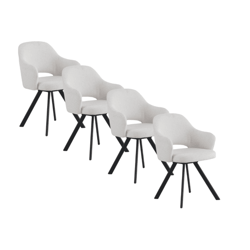 Pacote com 4 cadeirões estofados em chenille creme e pés em metal preto