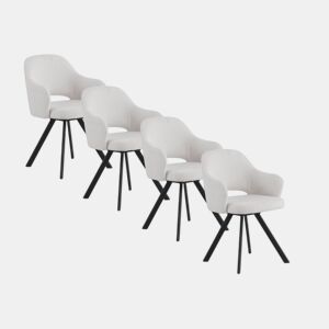 Pacote com 4 cadeirões estofados em chenille creme e pés em metal preto