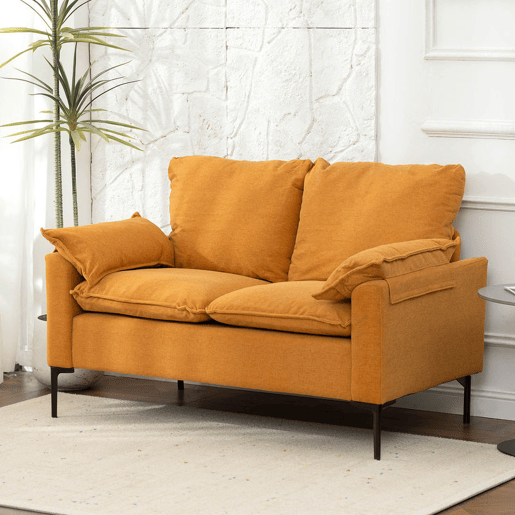 HOMCOM Sofá de 2 Lugares Revestido em Veludo Sofá Moderno com Pés de Metal Apoios de Braços Acolchoados para Sala Quarto Escritório 130x77x84 cm Amarelo Mostarda