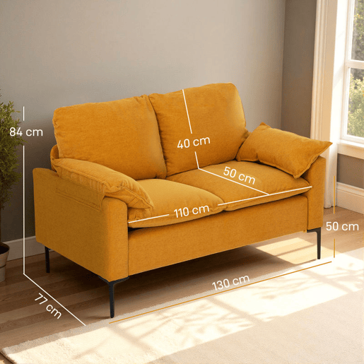 HOMCOM Sofá de 2 Lugares Revestido em Veludo Sofá Moderno com Pés de Metal Apoios de Braços Acolchoados para Sala Quarto Escritório 130x77x84 cm Amarelo Mostarda