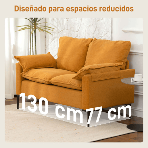 HOMCOM Sofá de 2 Lugares Revestido em Veludo Sofá Moderno com Pés de Metal Apoios de Braços Acolchoados para Sala Quarto Escritório 130x77x84 cm Amarelo Mostarda