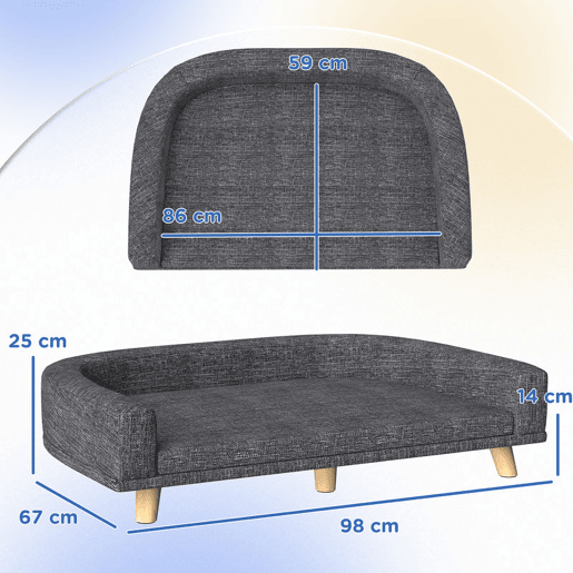 PawHut Sofá para Cães Cama Elevada para Cães Estofada com Almofada Lavável e Pés de Madeira de Pinho Carga Máxima 40 kg 98x67x25 cm Cinza Escuro