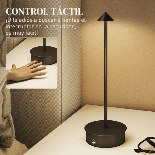 HOMCOM Conjunto de 2 Candeeiros de Mesa Recarregáveis por USB Reguláveis com Controlo Táctil 3000K4500K6500K Luz LED Incluída para Quarto Sala ou Escritório Ø10x30 cm Preto