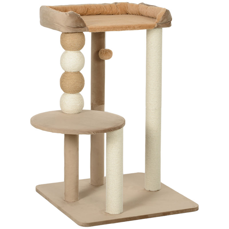 Pawhut árbol rascador para gatos, árbol para gatos 86 cm, torre escalador con cama, plataforma de salto, postes de yute y bolas de juguete, marrón y beige