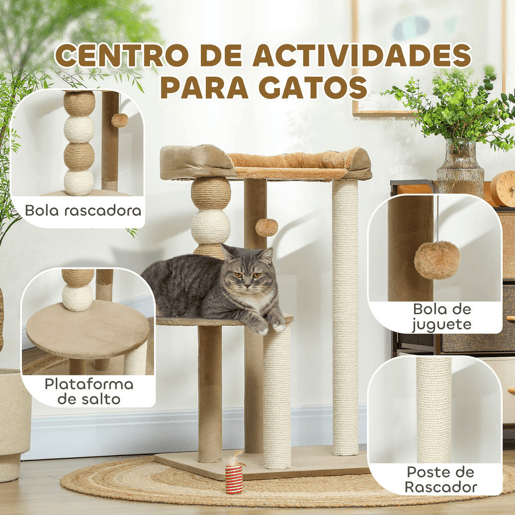 PawHut Arranhador para Gatos Altura 86 cm Arranhador para Gatos com Estofado em Borrego Plataformas Bola Suspensa e Poste de Juta Marrom