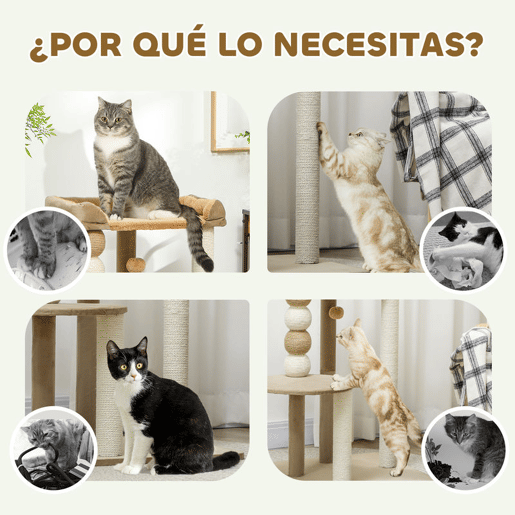 PawHut Arranhador para Gatos Altura 86 cm Arranhador para Gatos com Estofado em Borrego Plataformas Bola Suspensa e Poste de Juta Marrom