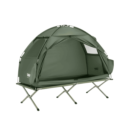 SoBuy Cama de campismo Tenda de campismo exterior com gancho para candeeiro e bolsos para sapatos Tenda 3 em 1 para 1 pessoa Prática 193x86x160 cm OGS32-II-GR