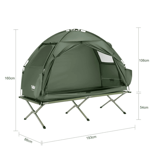 SoBuy Cama de campismo Tenda de campismo exterior com gancho para candeeiro e bolsos para sapatos Tenda 3 em 1 para 1 pessoa Prática 193x86x160 cm OGS32-II-GR