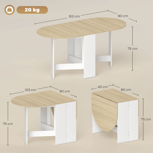 HOMCOM Mesa de Cozinha Dobrável Mesa de Jantar Dobrável Ovalada com Laterais Abatíveis Estilo Moderno 163x80x75 cm Madeira
