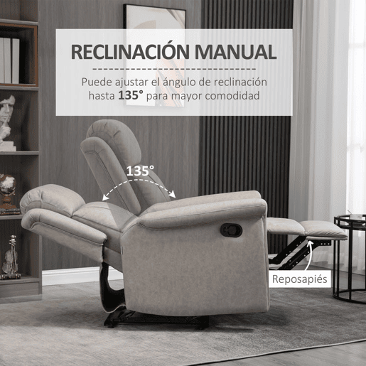 HOMCOM Poltrona Relax Reclinável Manual Poltrona Relax em Tecido com Apoios de Braço Apoio para os Pés Encosto Alto Almofadada Poltrona Reclinável até 135º para Sala Quarto, Escritório 78x96x102 cm Cinza
